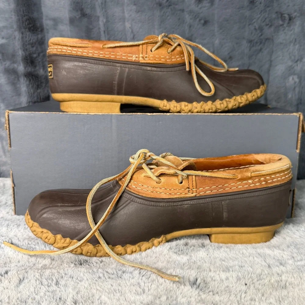 L.L. Bean Rubber Moc Duck Shoes Mens 8 Brown Tan Waterproof Leather Made in USA